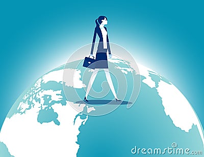 Businesswoman walking over terrestrial globe. Investment and Traveling Vector Illustration