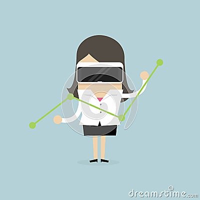 Businesswoman watch the graph with virtual reality headset. Vector Illustration