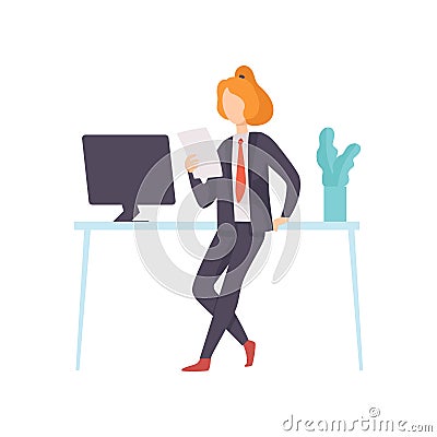 Businesswoman Wearing Black Suit Working in Office, Business Employee Character at Work Vector Illustration Vector Illustration