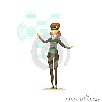 Businesswoman wearing VR headset working in digital simulation, future technology concept vector Illustration Vector Illustration