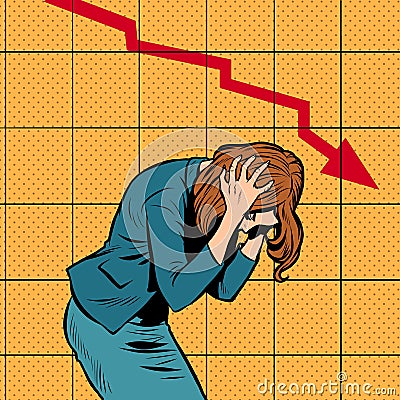 Businesswoman woman panic, bankruptcy financial collapse. sales schedule down Vector Illustration