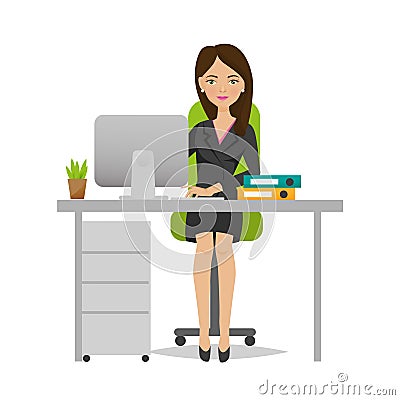 Young girl of an office worker rejoices in success, working. Vector Illustration