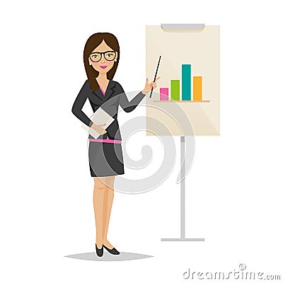 Girl, office worker woman, conducts presentation, training, business seminar, analysis. Vector Illustration