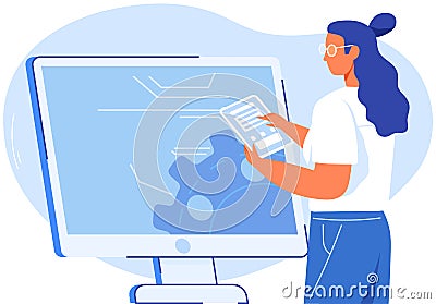 Businesswoman working with computer program interface design, analyzing document, designing website Vector Illustration