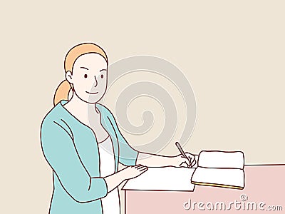 businesswoman working on desk and taking notes In office simple korean style illustration Vector Illustration