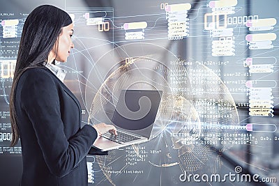 Businesswoman working with laptop on coding sketch concept background with world map. Stock Photo