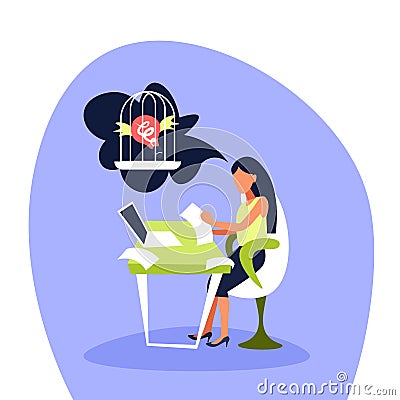 Businesswoman working laptop thinking light bulb in cage new idea crisis problem inspiration concept business woman Vector Illustration