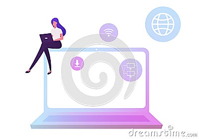 Businesswoman Working on Laptop Using Wifi Connection for Research Information, Download Files from Internet Vector Illustration