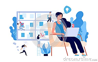Businesswoman working. Self management, brainstorm vector concept. Business environment with flat tiny people characters Vector Illustration