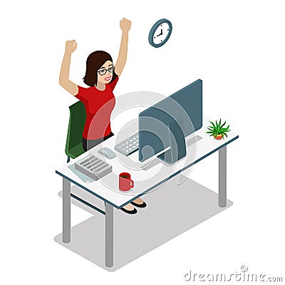 Businesswoman workplace raising hands up: flat business success Vector Illustration