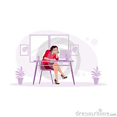 A businesswoman works before the computer and closes her eyes because she feels bored and tired of working. Vector Illustration