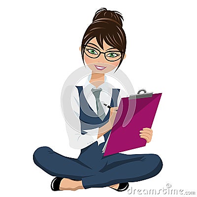 Businesswoman writing on clipboard sit on floor isolated Vector Illustration