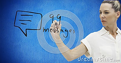 Businesswoman writing numbers and text on screen Stock Photo