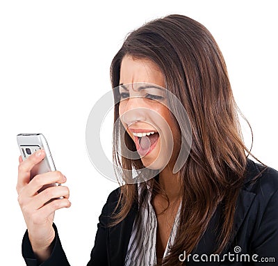 Businesswoman yelling at the phone Stock Photo