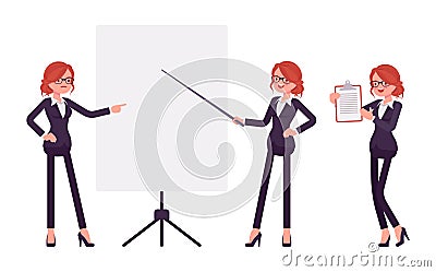 Businesswoman, young red haired office worker standing at whiteboard Vector Illustration