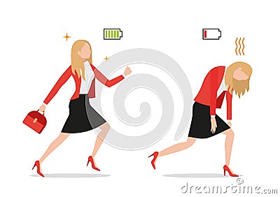 BusinesswomanSet of powerful businesswoman with green full energy battery sign and tired exhausted female with red low Vector Illustration