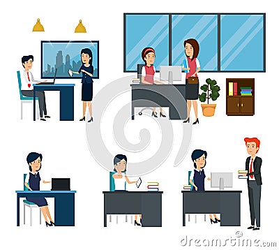 Businesswomen and businessmen office business technology Vector Illustration