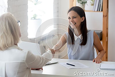 Businesswomen greets each other shake hands starting negotiations formal meeting Stock Photo