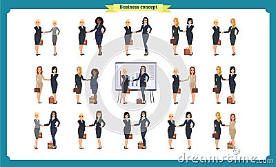 Businesswomen handshake. Business people teamwork, set of business women Vector Illustration