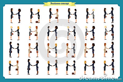 Businesswomen handshake. Business people teamwork, set of business women Vector Illustration