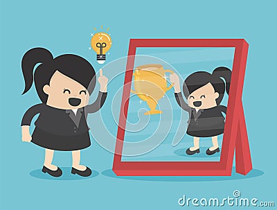 Businesswomen have good ideas. see reflection from mirror she achieved and victory Vector Illustration
