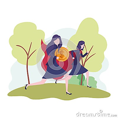 Businesswomen with hero coat and currency Vector Illustration