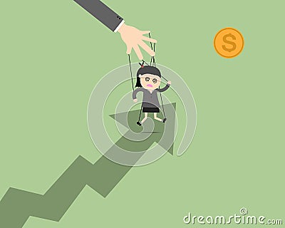 Businesswomen leader puppet on ropes to target and teamwork go t Stock Photo