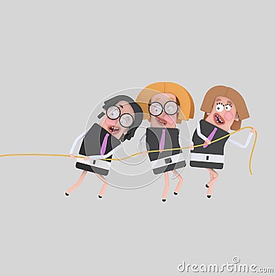 Businesswomen pulling a rope together Cartoon Illustration