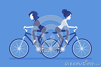 Businesswomen on push me pull you tandem bicycle Vector Illustration