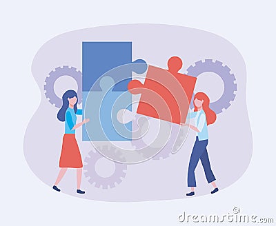 Businesswomen with puzzles and gears technology information Vector Illustration