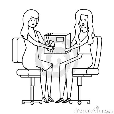 Businesswomen sitting in office chair giving gift Vector Illustration