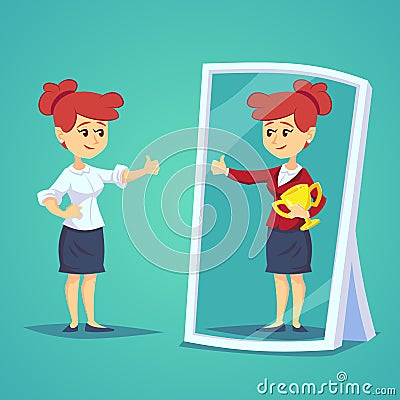 Businesswomen standing in front of a mirror looking at her reflection and imagine herself successful. Business cartoon vector conc Stock Photo