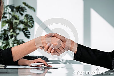 Businesswomen wearing formal suits shake hands with each other Stock Photo
