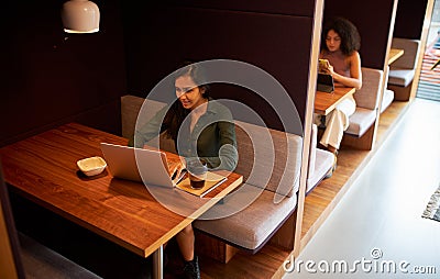 Businesswomen Working In Socially Distanced Cubicles In Modern Office During Stock Photo