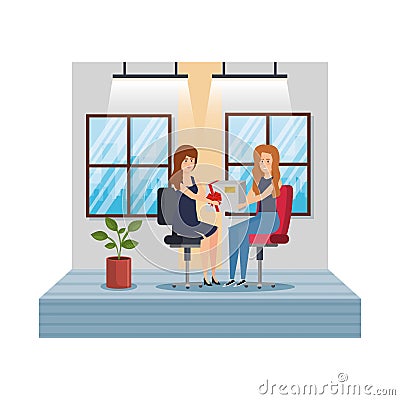 businesswomen in the workplace giving gift Cartoon Illustration
