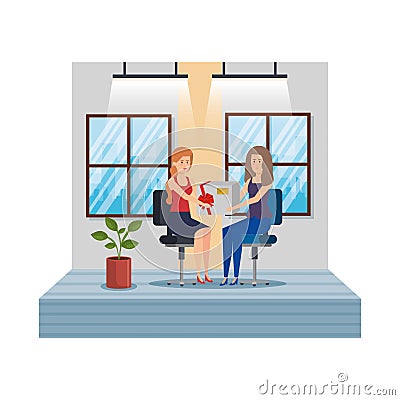 businesswomen in the workplace giving gift Cartoon Illustration