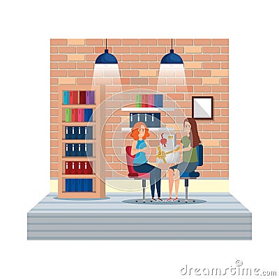 businesswomen in the workplace giving gift Cartoon Illustration