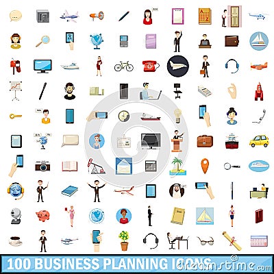 100 busness planning icons set, cartoon style Vector Illustration