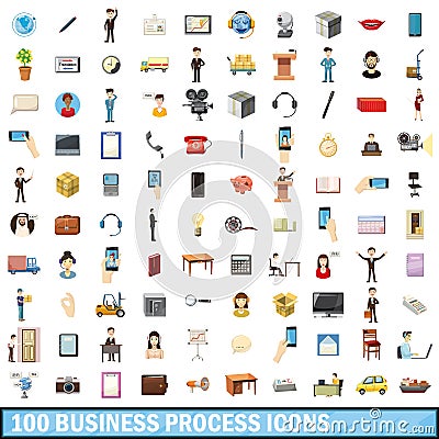 100 busness process icons set, cartoon style Vector Illustration