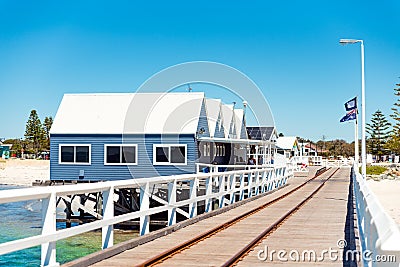 Busselton Jetty with train tracks and historical museum, Western Australia Editorial Stock Photo