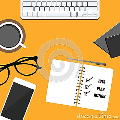 bussines banner. phone, notepad, coffee, glasses and notebook. plan, idea and action. vector design EPS10 Stock Photo