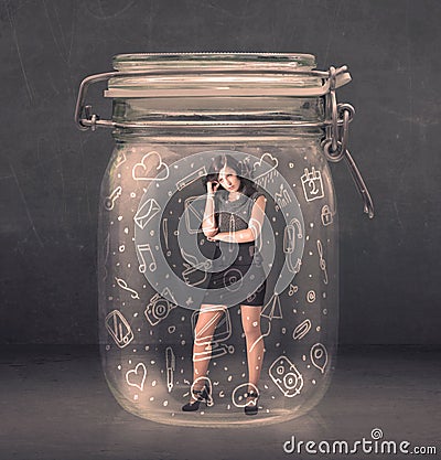 Bussines women trapped in jar with network symbols Stock Photo