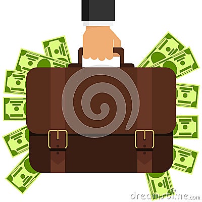 Bussiness, hand holding briefcase. A hand is holding a briefcase full of money. Vector illustration of a briefcase with money Cartoon Illustration