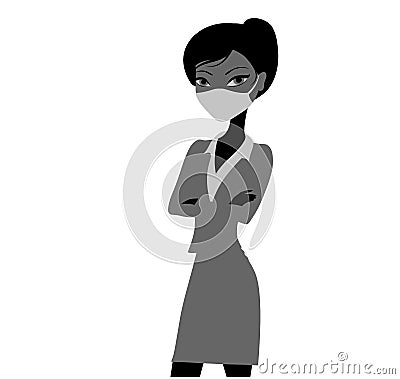 Silhouette of a european woman standing in a mask. She is wearing a suit. Vector Illustration