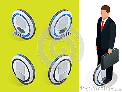 Bussiness man on One-wheeled Self-balancing electric scooter vector isometric illustrations. Intelligent and fashionable Vector Illustration