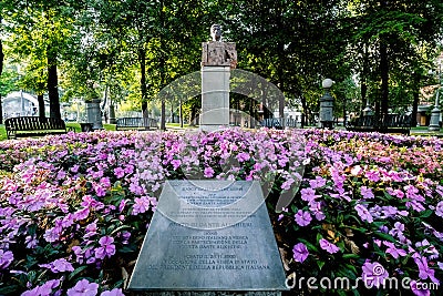 Bust of Dante Alighieri in Hermitage Garden. Monument of Italian poet, writer and philosopher in Moscow Editorial Stock Photo