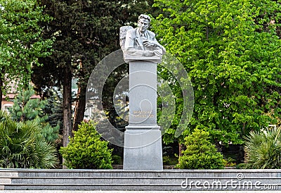 Bust monument to poet Bakhtiyar Vahabzadeh in Sheki, Azerbaijan Editorial Stock Photo