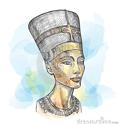 Bust of Nefertiti hand drawn watercolor Vector Illustration