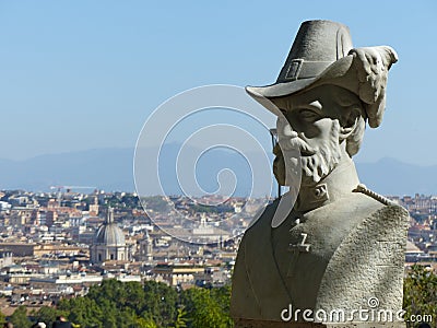 Bust of Phillip Zamboni heroes of the Roman Republic with the panorama of Rome in Italy. Editorial Stock Photo
