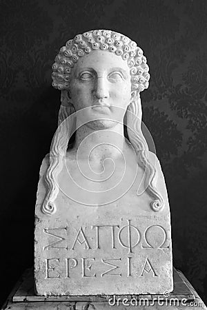 Bust of Sappho. Sappho`s sexuality has long been the subject of debate. Lesbian concept. Rome, Italy Editorial Stock Photo